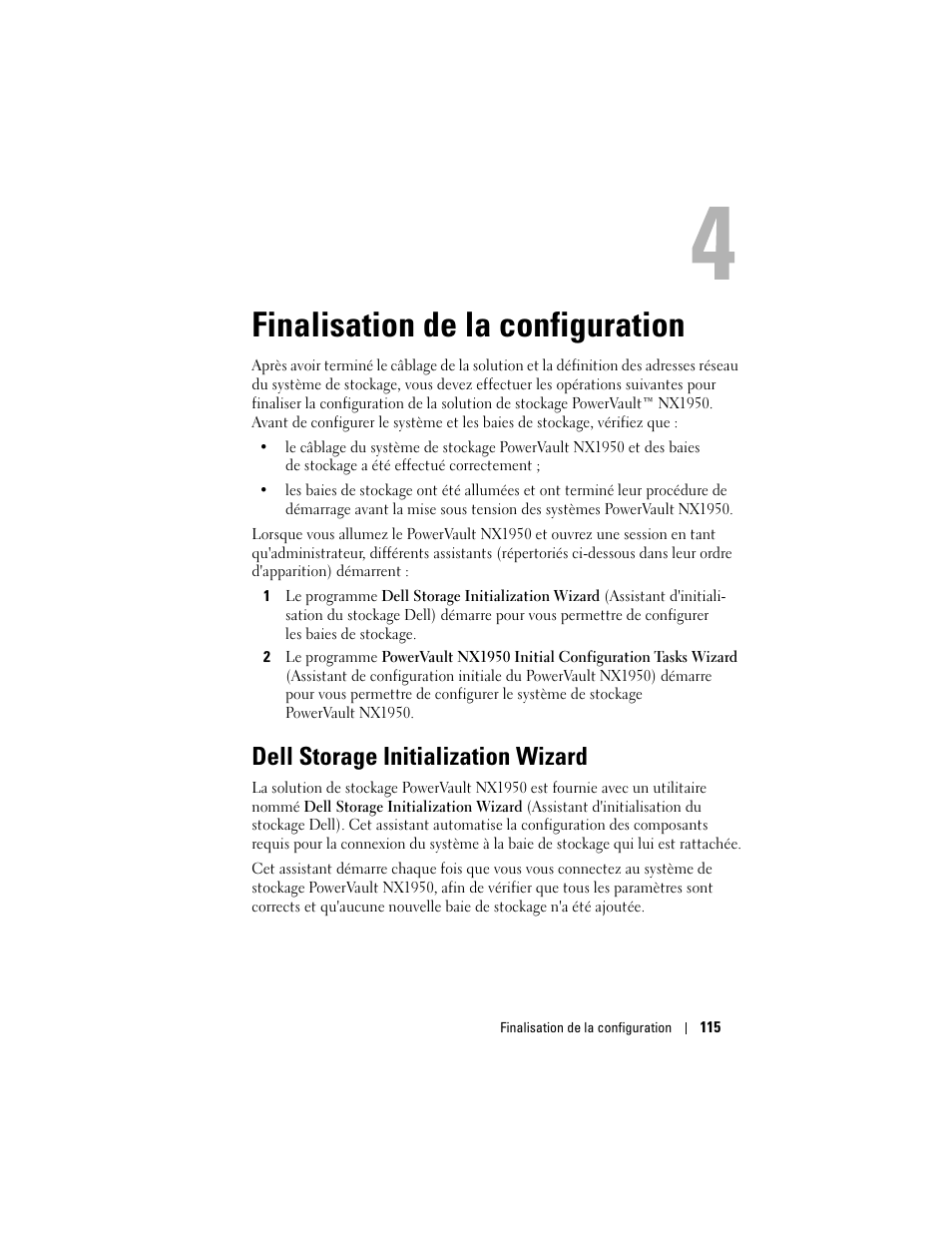 Finalisation de la configuration, Dell storage initialization wizard | Dell PowerVault NX1950 User Manual | Page 117 / 258