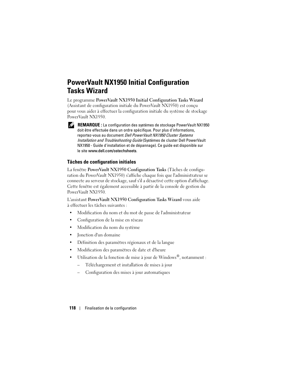 Tâches de configuration initiales | Dell PowerVault NX1950 User Manual | Page 120 / 258