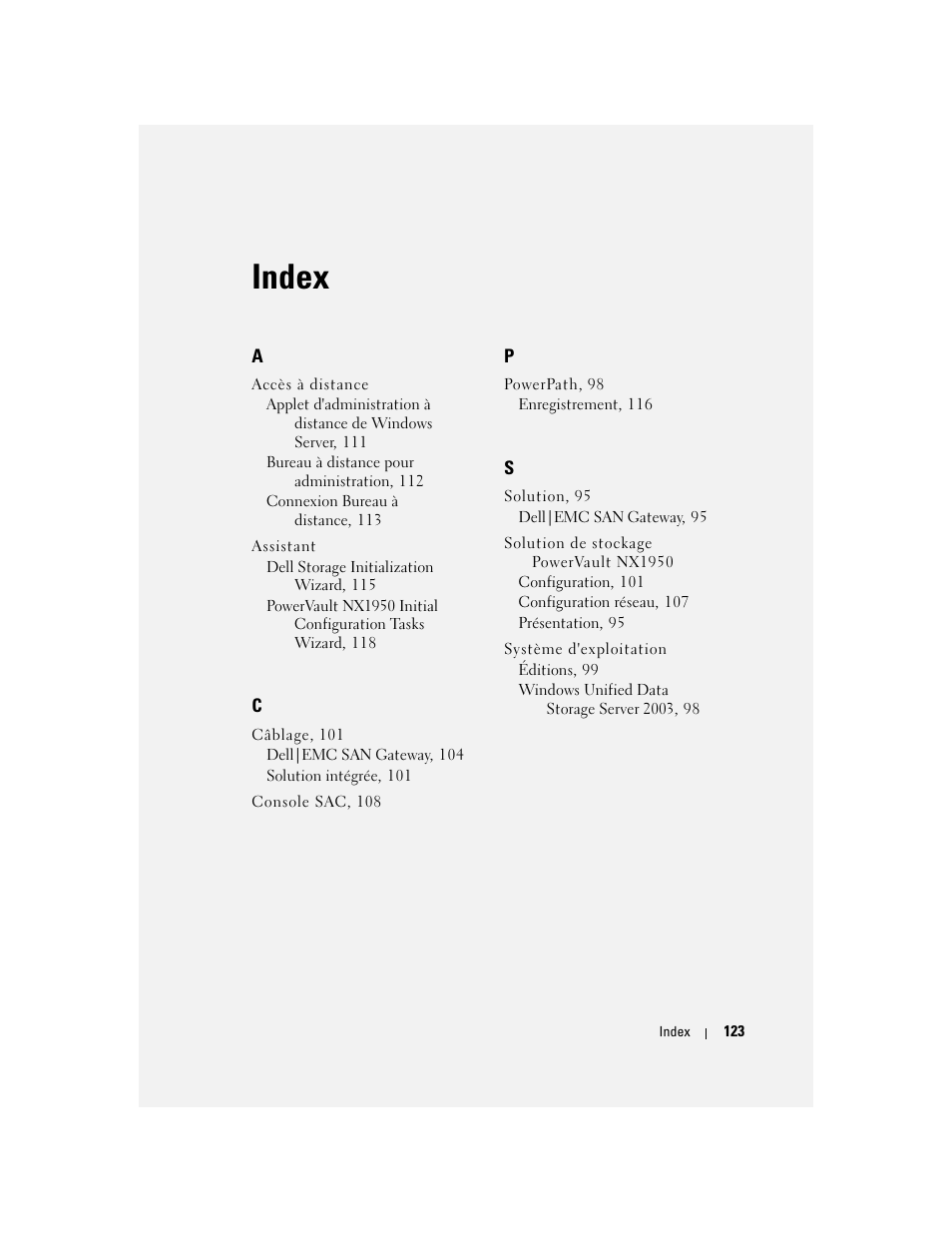 Index | Dell PowerVault NX1950 User Manual | Page 125 / 258