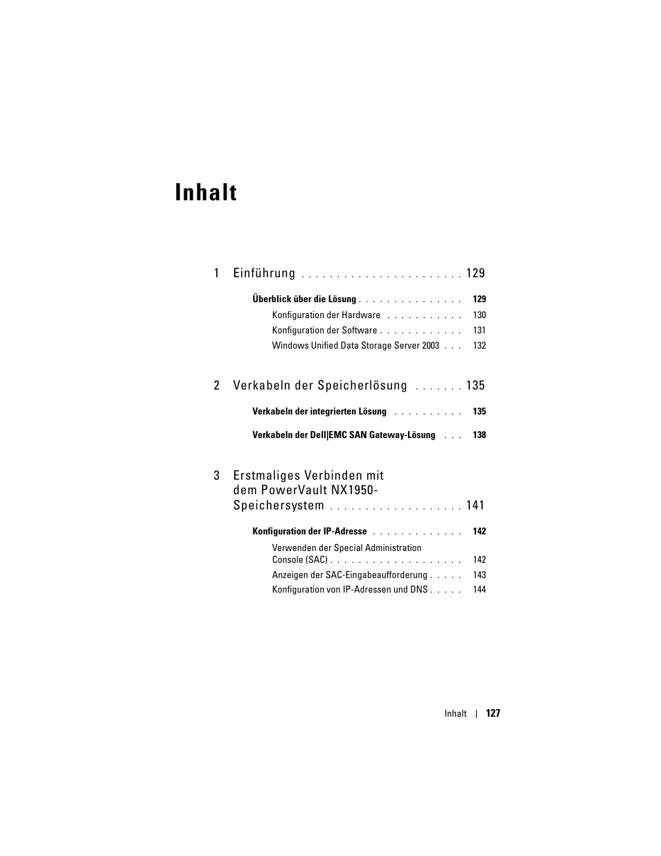 Inhalt, 1einführung, 2verkabeln der speicherlösung | Dell PowerVault NX1950 User Manual | Page 129 / 258