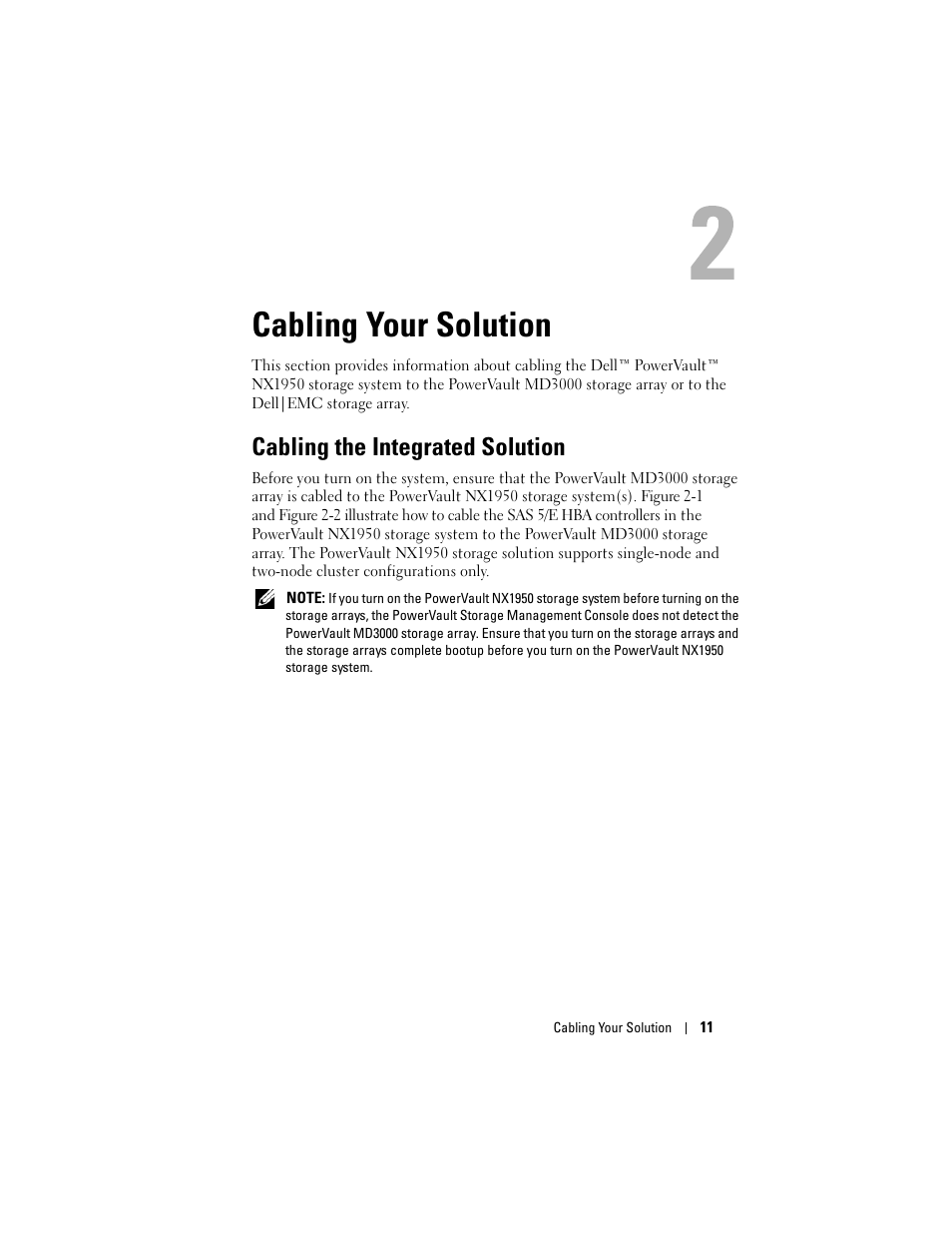 Cabling your solution, Cabling the integrated solution | Dell PowerVault NX1950 User Manual | Page 13 / 258