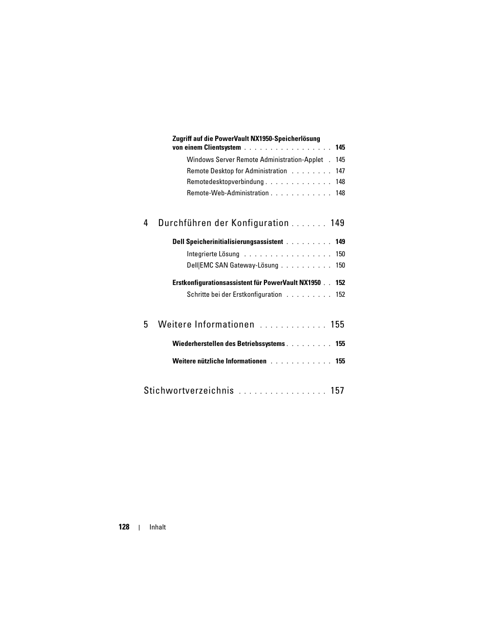 4durchführen der konfiguration, 5weitere informationen, Stichwortverzeichnis | Dell PowerVault NX1950 User Manual | Page 130 / 258