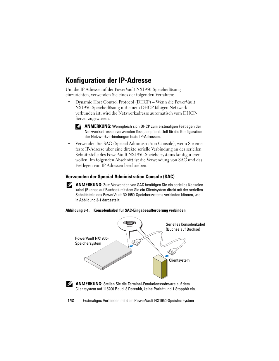 Konfiguration der ip-adresse, Verwenden der special administration console (sac) | Dell PowerVault NX1950 User Manual | Page 144 / 258