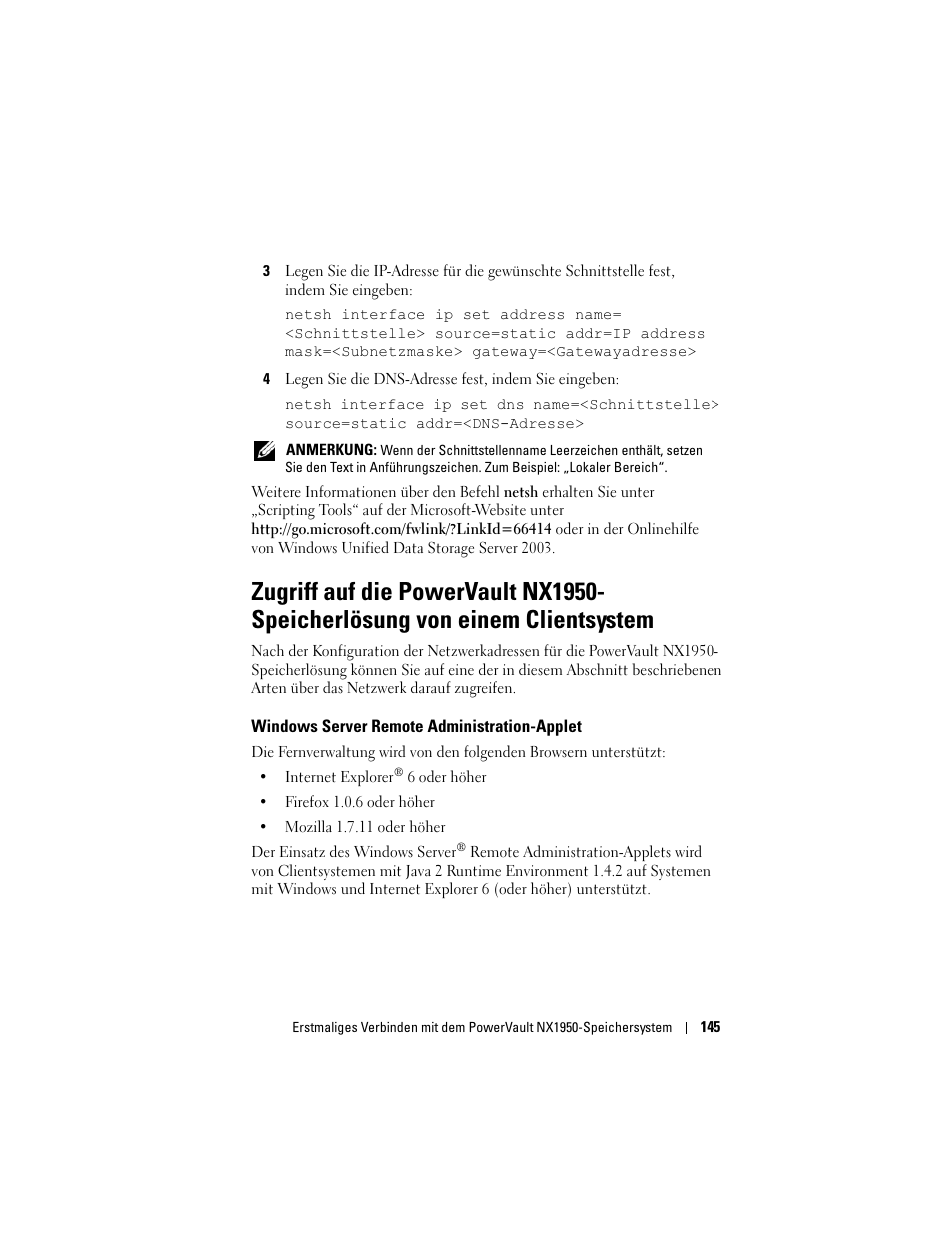 Windows server remote administration-applet | Dell PowerVault NX1950 User Manual | Page 147 / 258