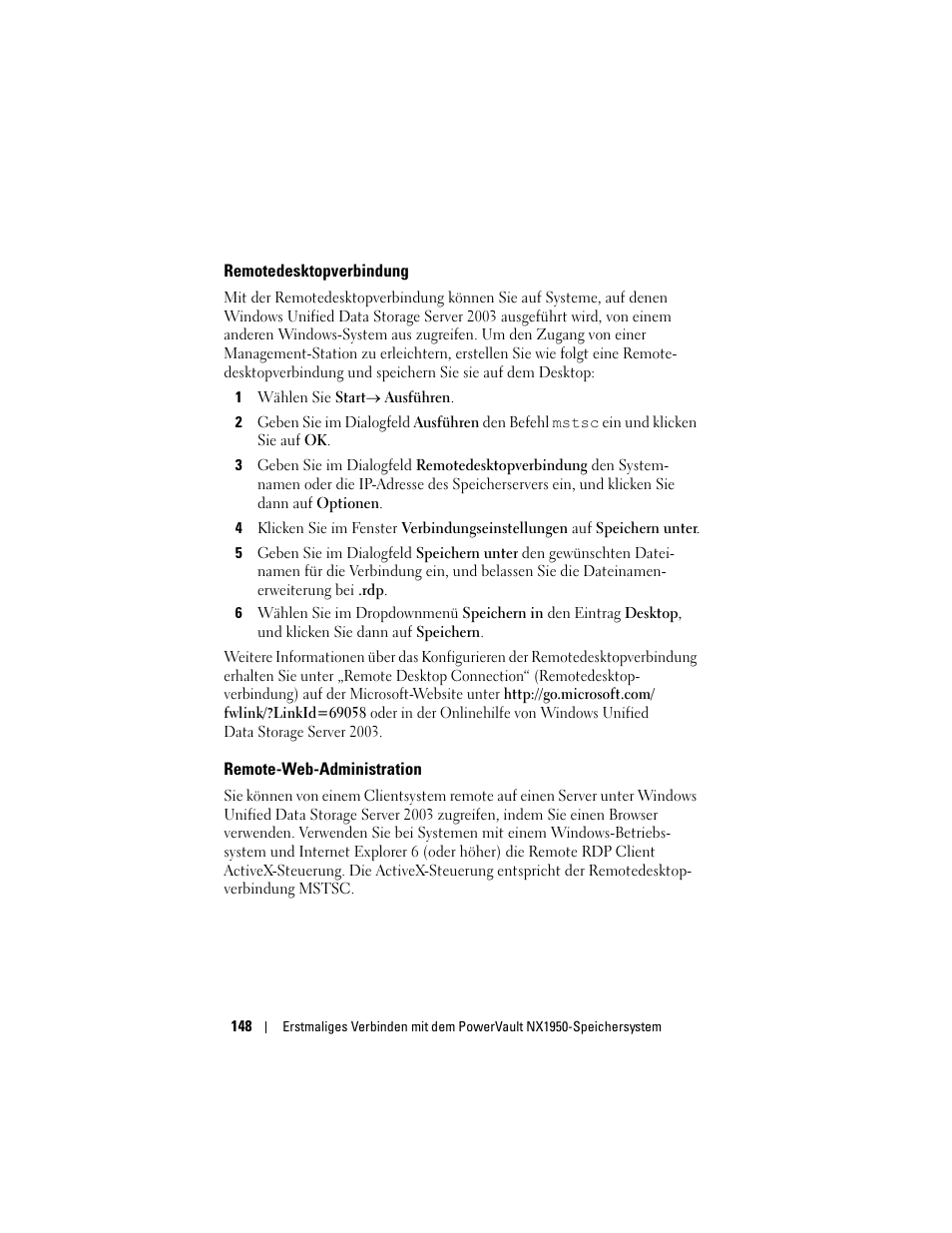 Remotedesktopverbindung, Remote-web-administration | Dell PowerVault NX1950 User Manual | Page 150 / 258