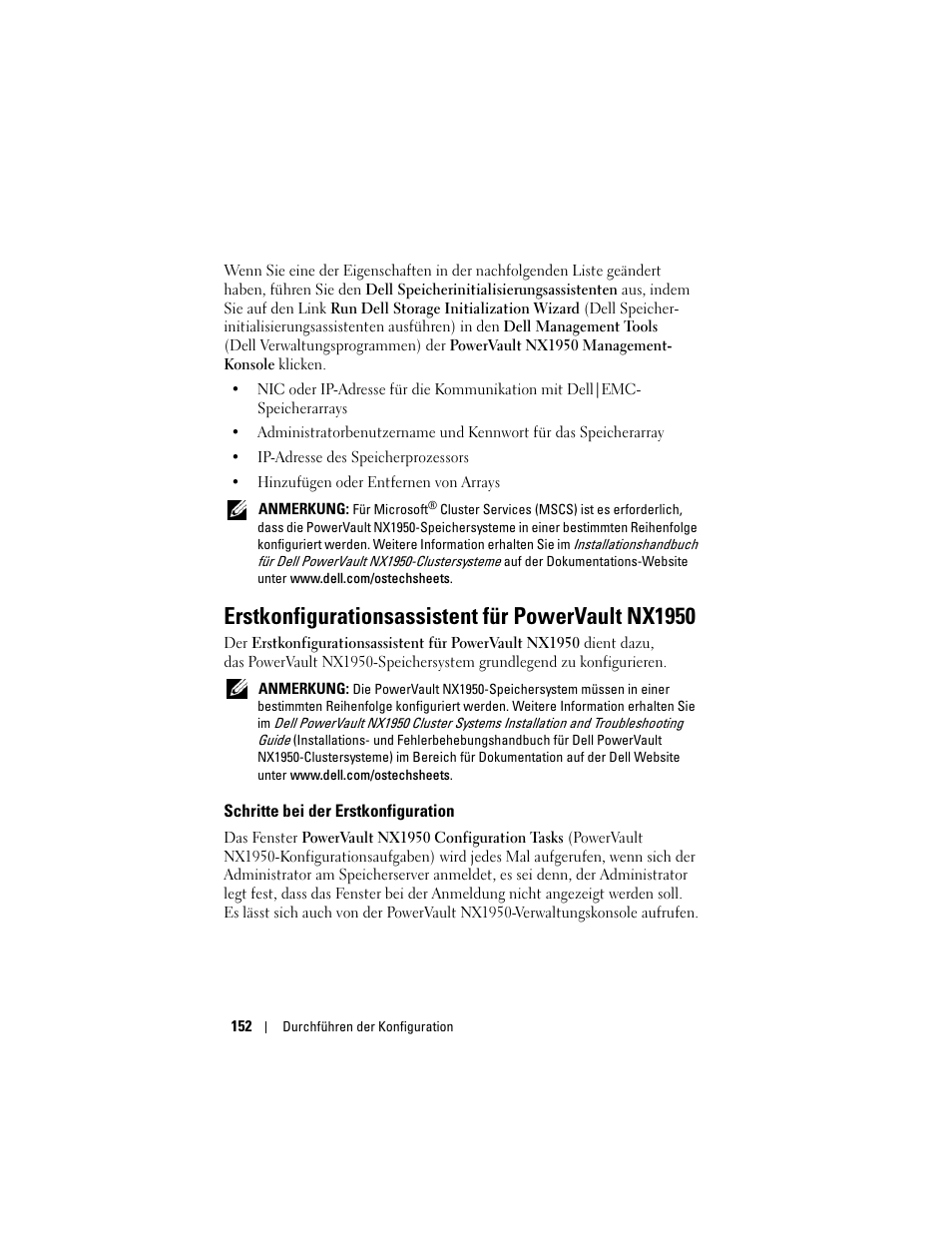 Erstkonfigurationsassistent für powervault nx1950, Schritte bei der erstkonfiguration | Dell PowerVault NX1950 User Manual | Page 154 / 258