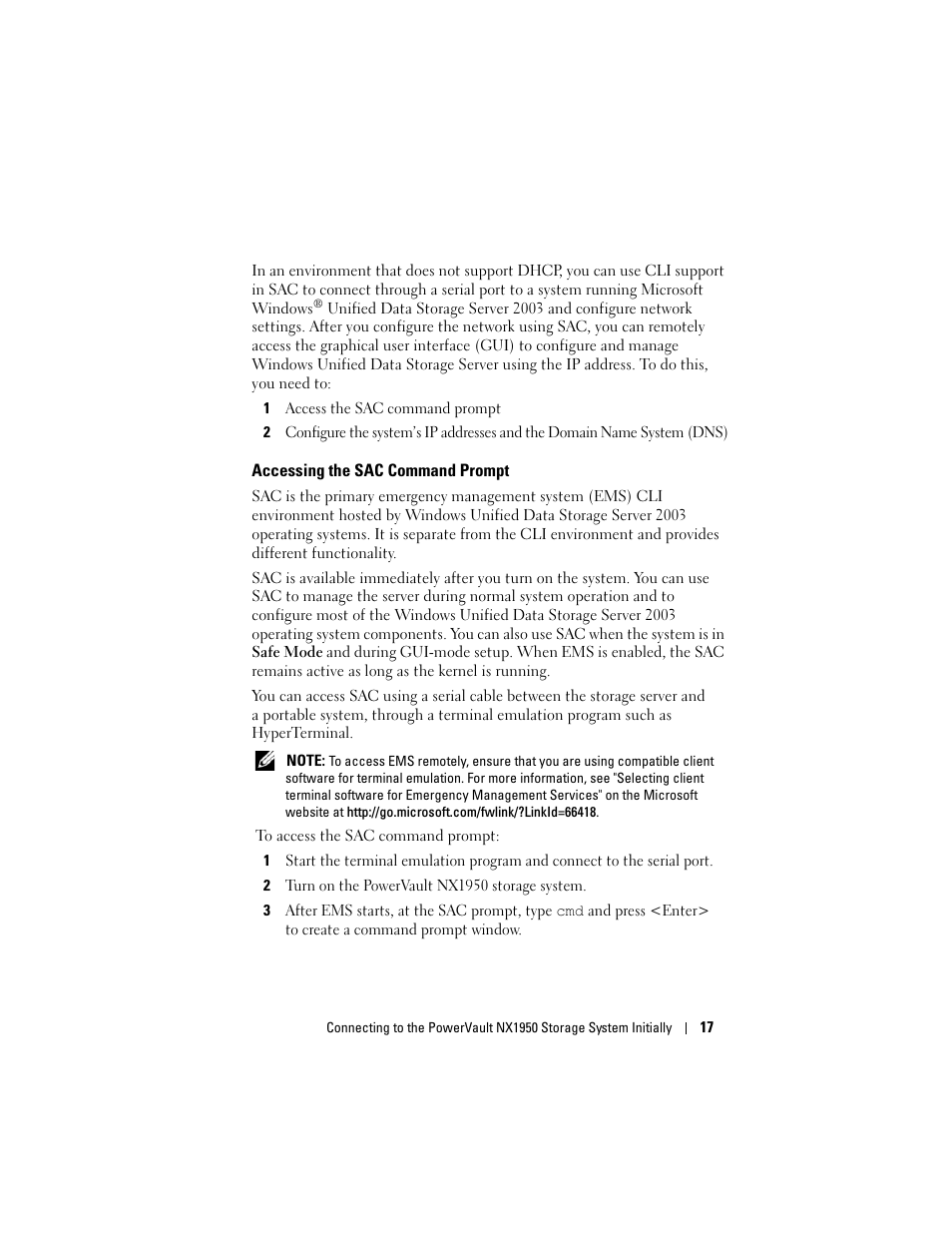 Accessing the sac command prompt | Dell PowerVault NX1950 User Manual | Page 19 / 258
