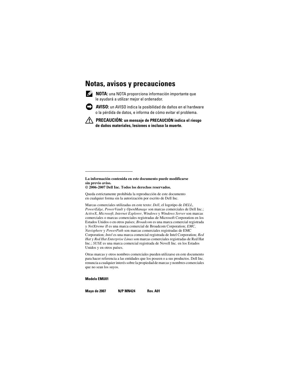 Notas, avisos y precauciones | Dell PowerVault NX1950 User Manual | Page 226 / 258