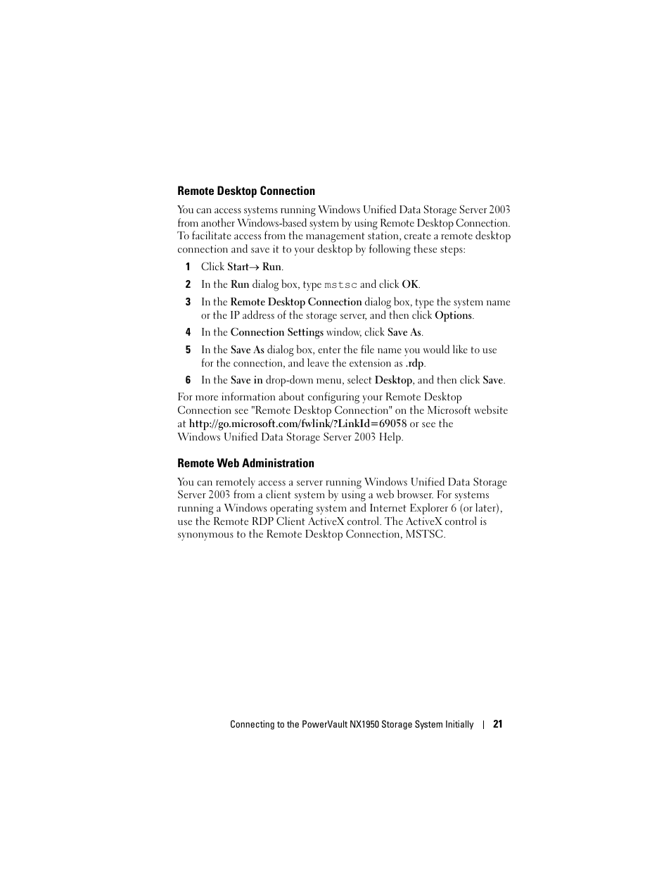 Remote desktop connection, Remote web administration | Dell PowerVault NX1950 User Manual | Page 23 / 258