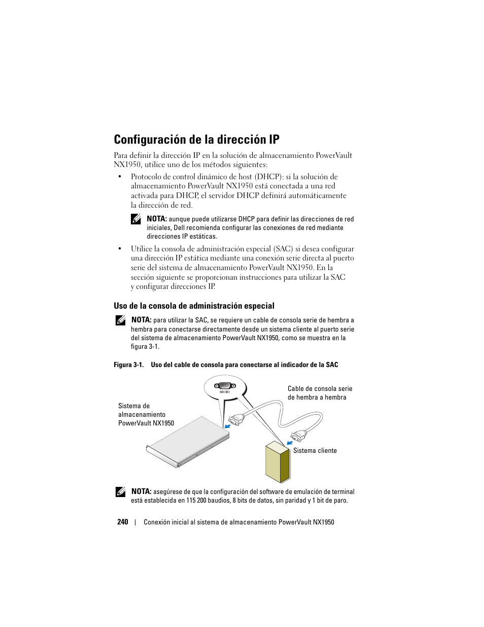 Configuración de la dirección ip, Uso de la consola de administración especial | Dell PowerVault NX1950 User Manual | Page 242 / 258