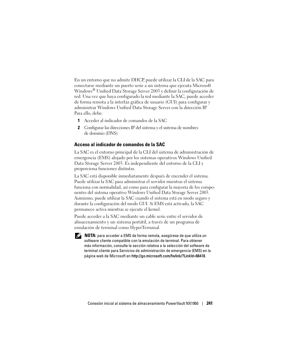 Acceso al indicador de comandos de la sac | Dell PowerVault NX1950 User Manual | Page 243 / 258
