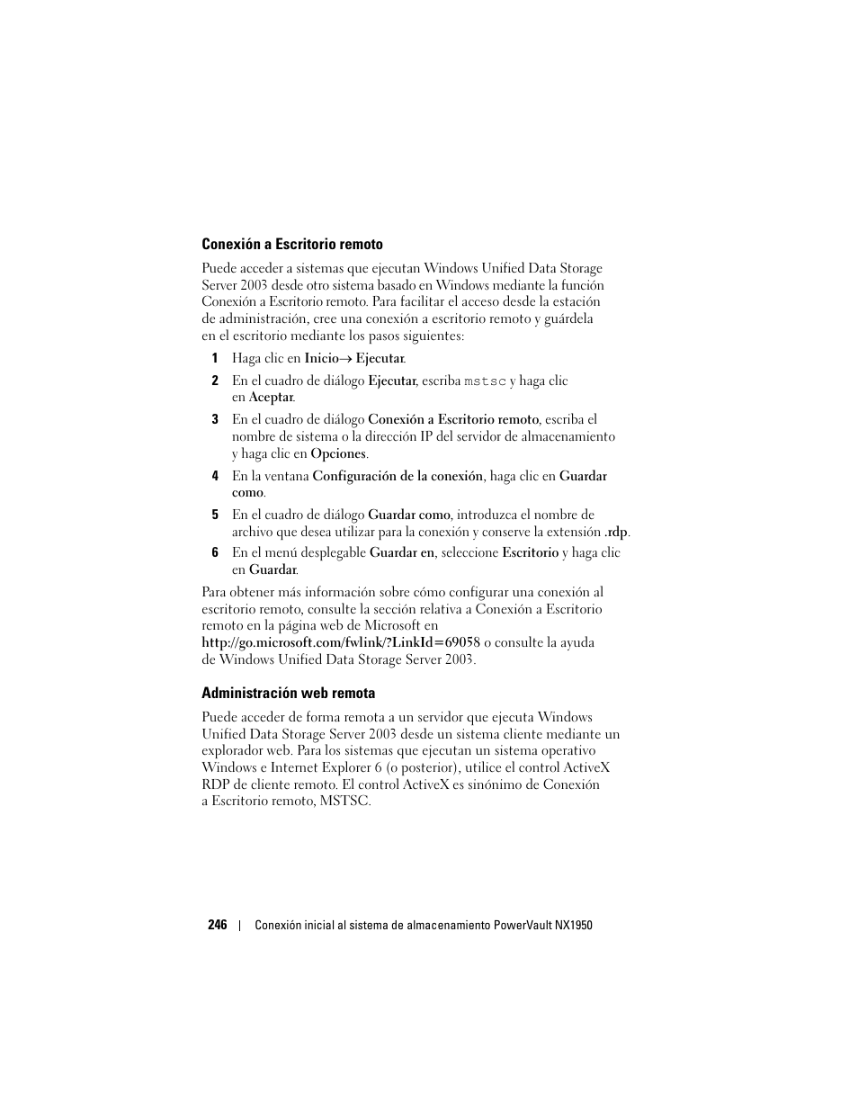 Conexión a escritorio remoto, Administración web remota | Dell PowerVault NX1950 User Manual | Page 248 / 258