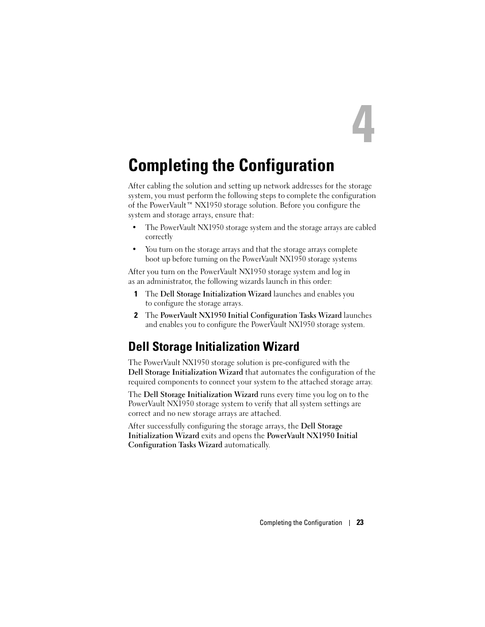 Completing the configuration, Dell storage initialization wizard | Dell PowerVault NX1950 User Manual | Page 25 / 258