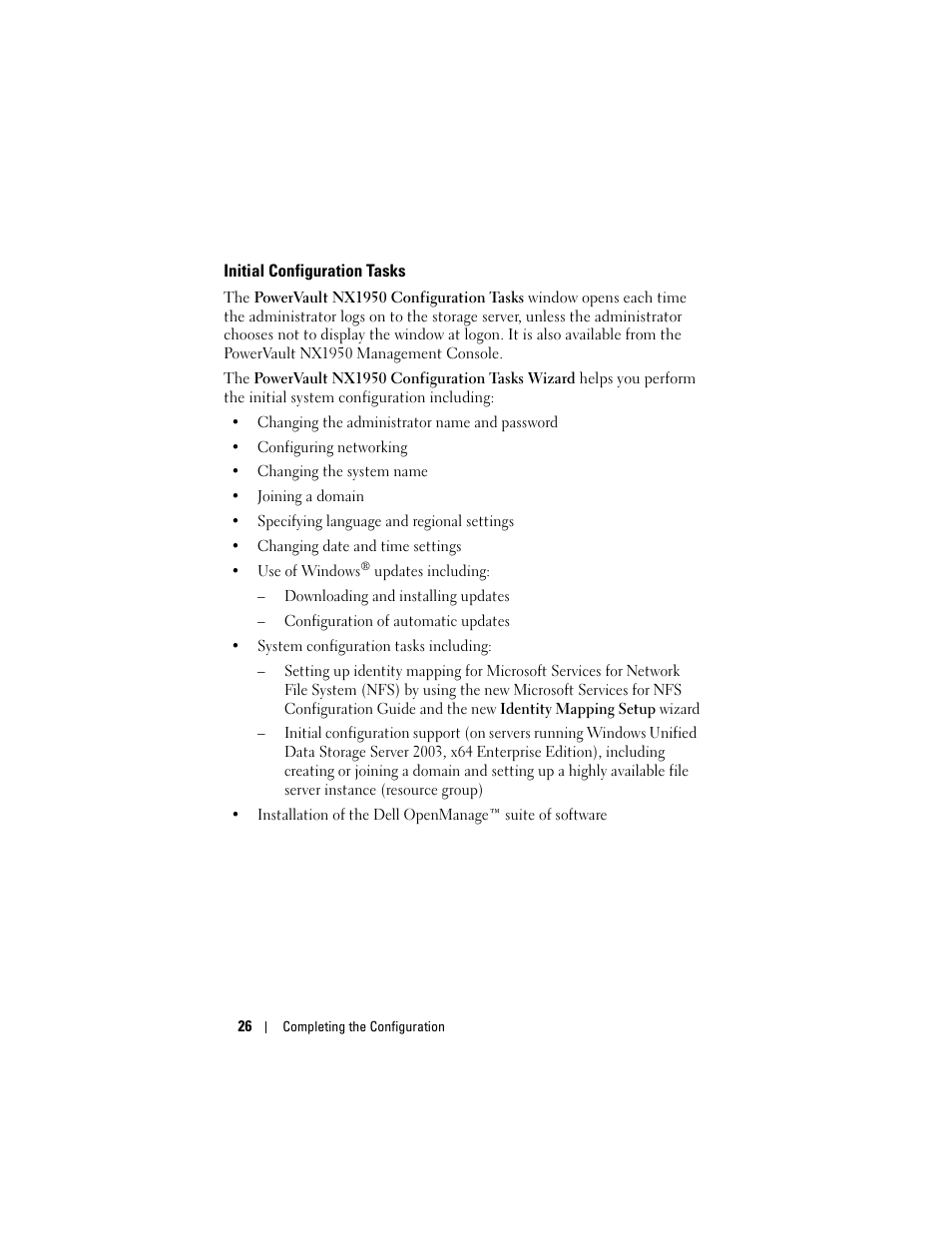 Initial configuration tasks | Dell PowerVault NX1950 User Manual | Page 28 / 258