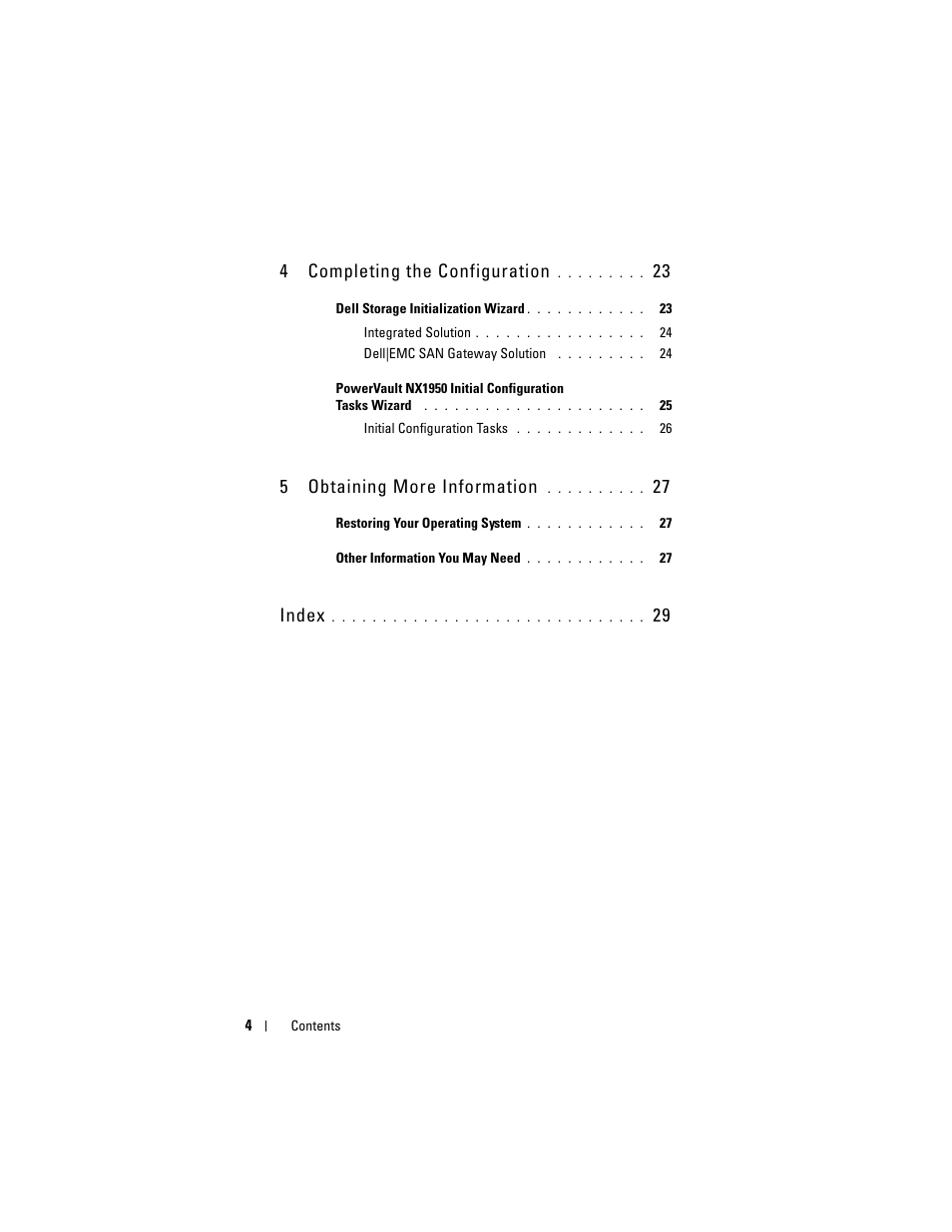 4completing the configuration, 5obtaining more information, Index | Dell PowerVault NX1950 User Manual | Page 6 / 258