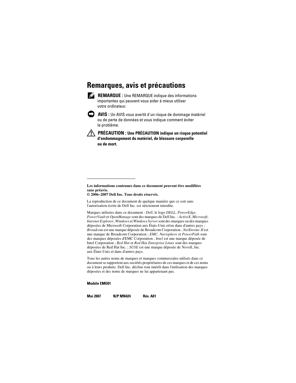 Remarques, avis et précautions | Dell PowerVault NX1950 User Manual | Page 94 / 258