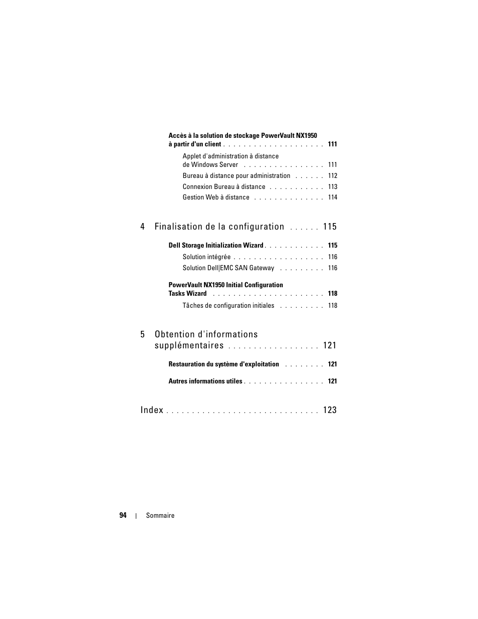 4finalisation de la configuration, 5obtention d'informations supplémentaires, Index | Dell PowerVault NX1950 User Manual | Page 96 / 258