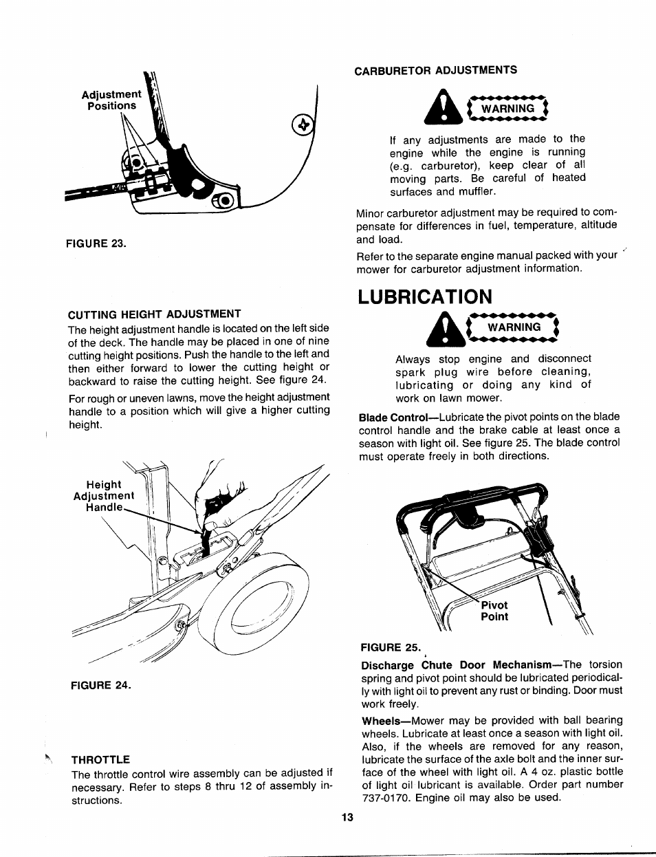 Carburetor adjustments, Cutting height adjustment, Throttle | Lubrication, Figure 25 | Bolens 126-216-000 User Manual | Page 13 / 22