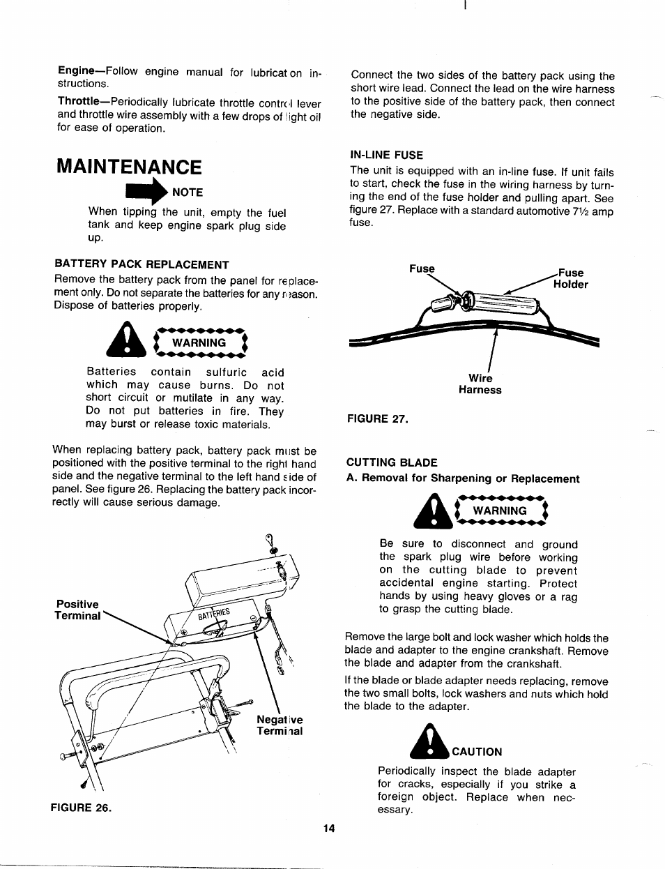 Maintenance, Note, Battery pack replacement | Warning, In-line fuse, Cutting blade, Caution | Bolens 126-216-000 User Manual | Page 14 / 22