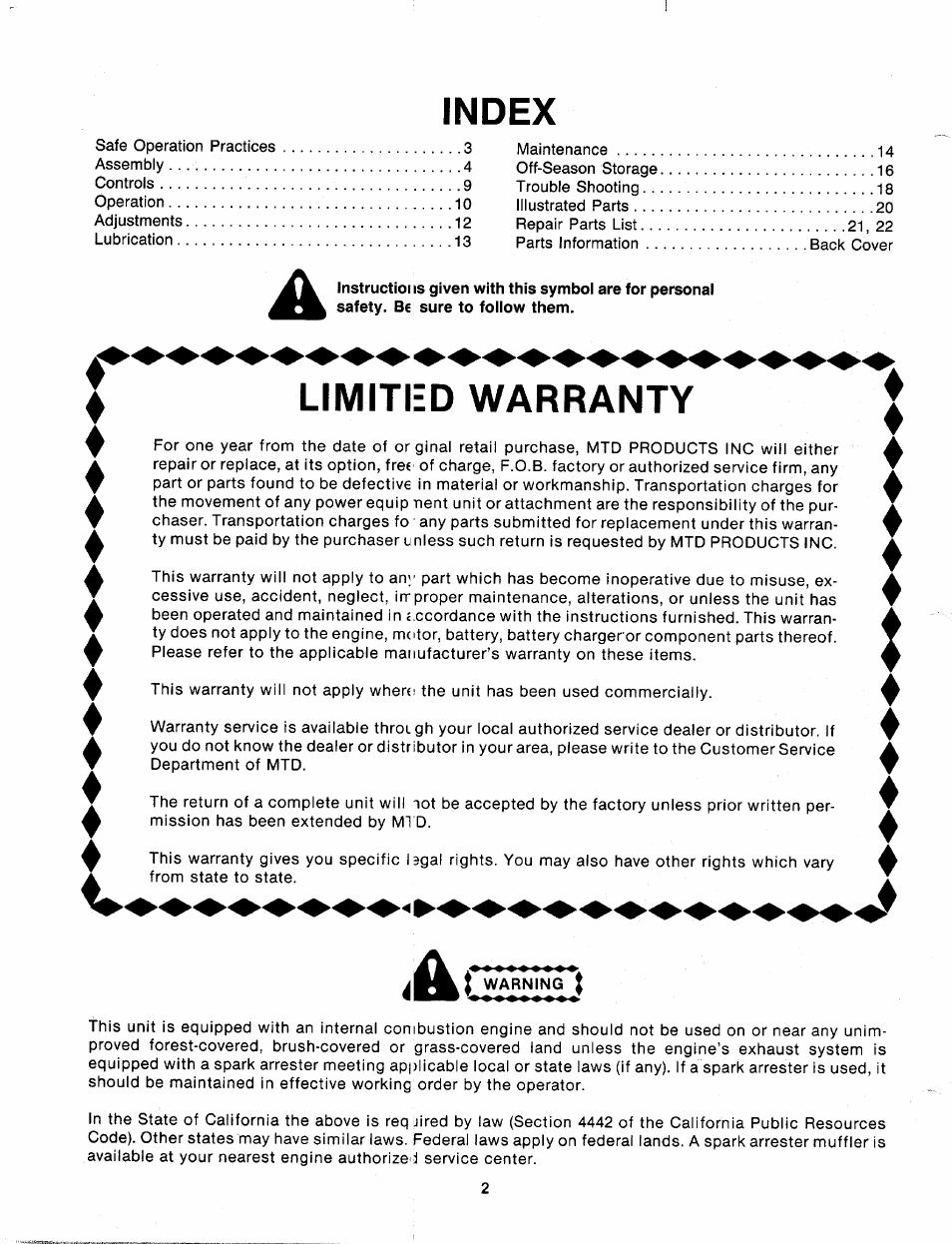 Index, Limited warranty, I warning | Bolens 126-216-000 User Manual | Page 2 / 22