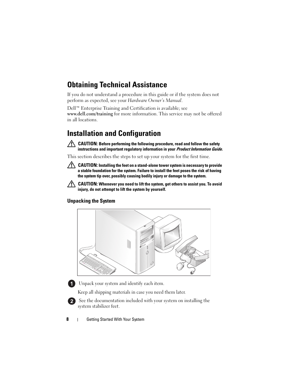 Obtaining technical assistance, Installation and configuration, Unpacking the system | Dell PowerVault DP100 User Manual | Page 10 / 72
