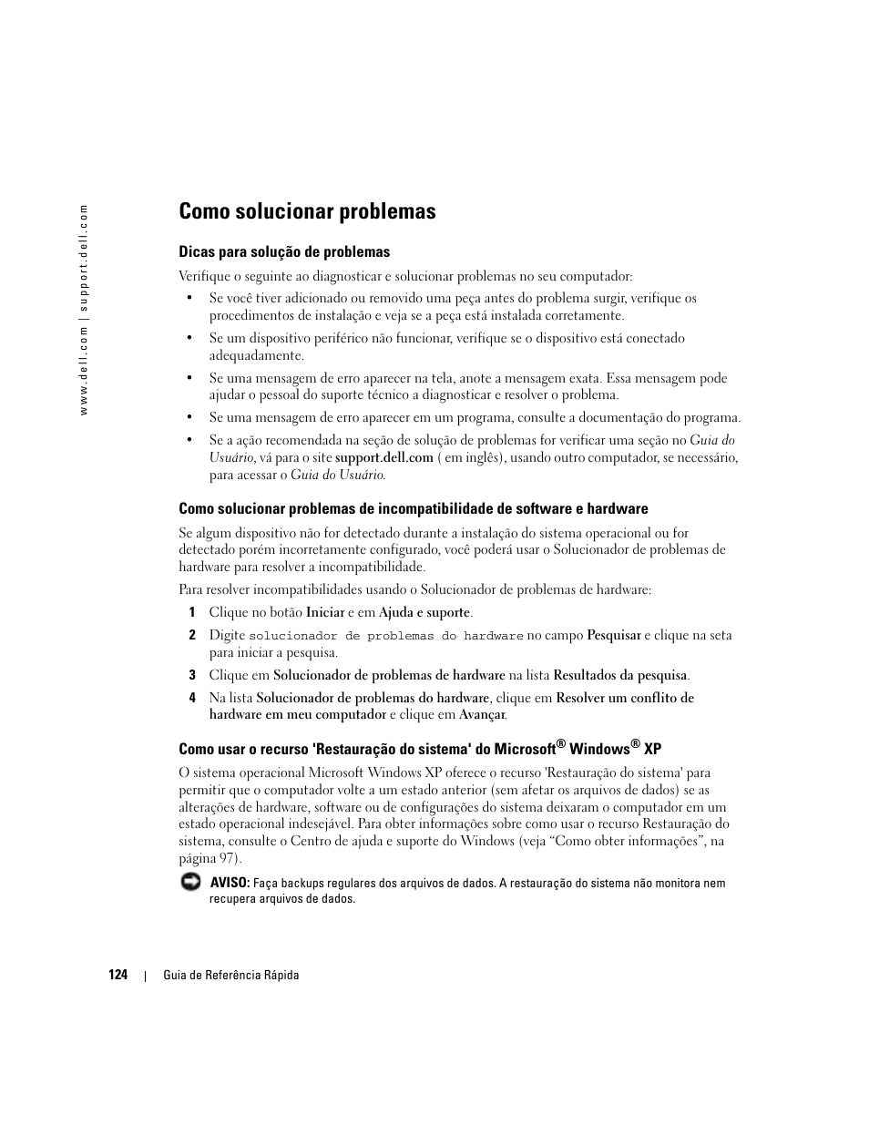 Como solucionar problemas, Dicas para solução de problemas | Dell Precision 380 User Manual | Page 124 / 186