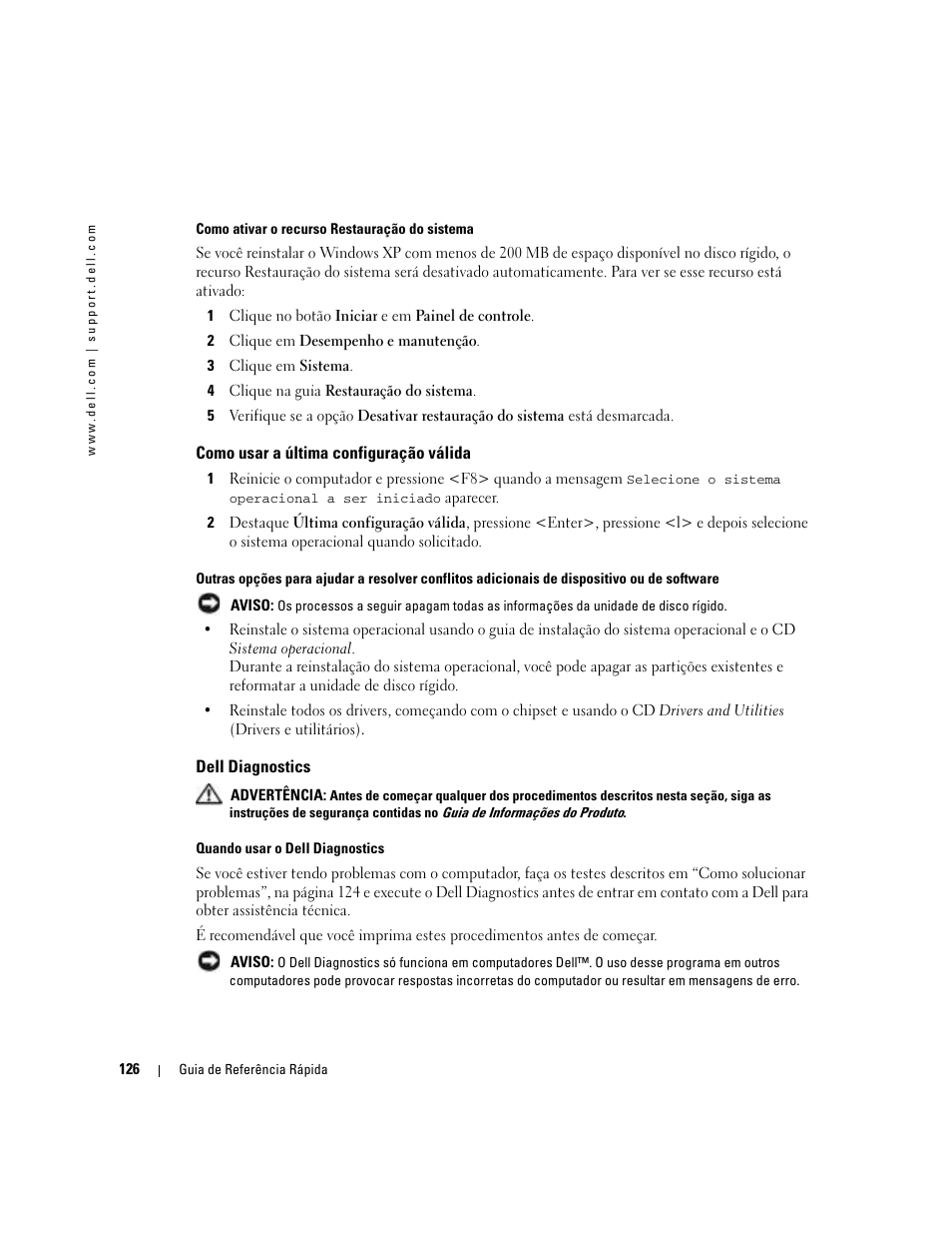 Como usar a última configuração válida, Dell diagnostics | Dell Precision 380 User Manual | Page 126 / 186
