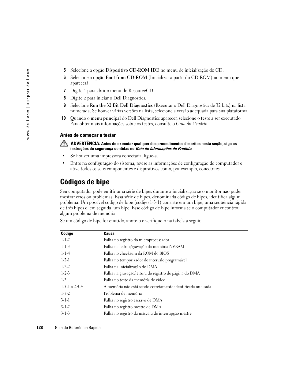 Antes de começar a testar, Códigos de bipe | Dell Precision 380 User Manual | Page 128 / 186