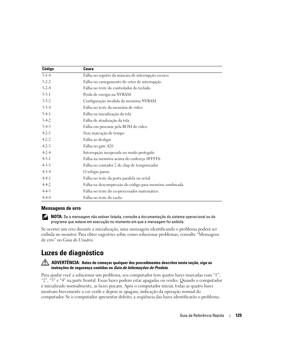 Mensagens de erro, Luzes de diagnóstico | Dell Precision 380 User Manual | Page 129 / 186