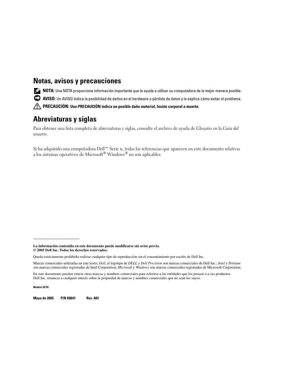 Notas, avisos y precauciones, Abreviaturas y siglas | Dell Precision 380 User Manual | Page 140 / 186
