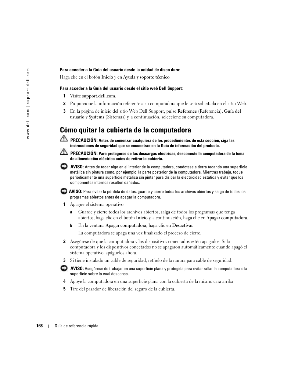 Cómo quitar la cubierta de la computadora | Dell Precision 380 User Manual | Page 168 / 186