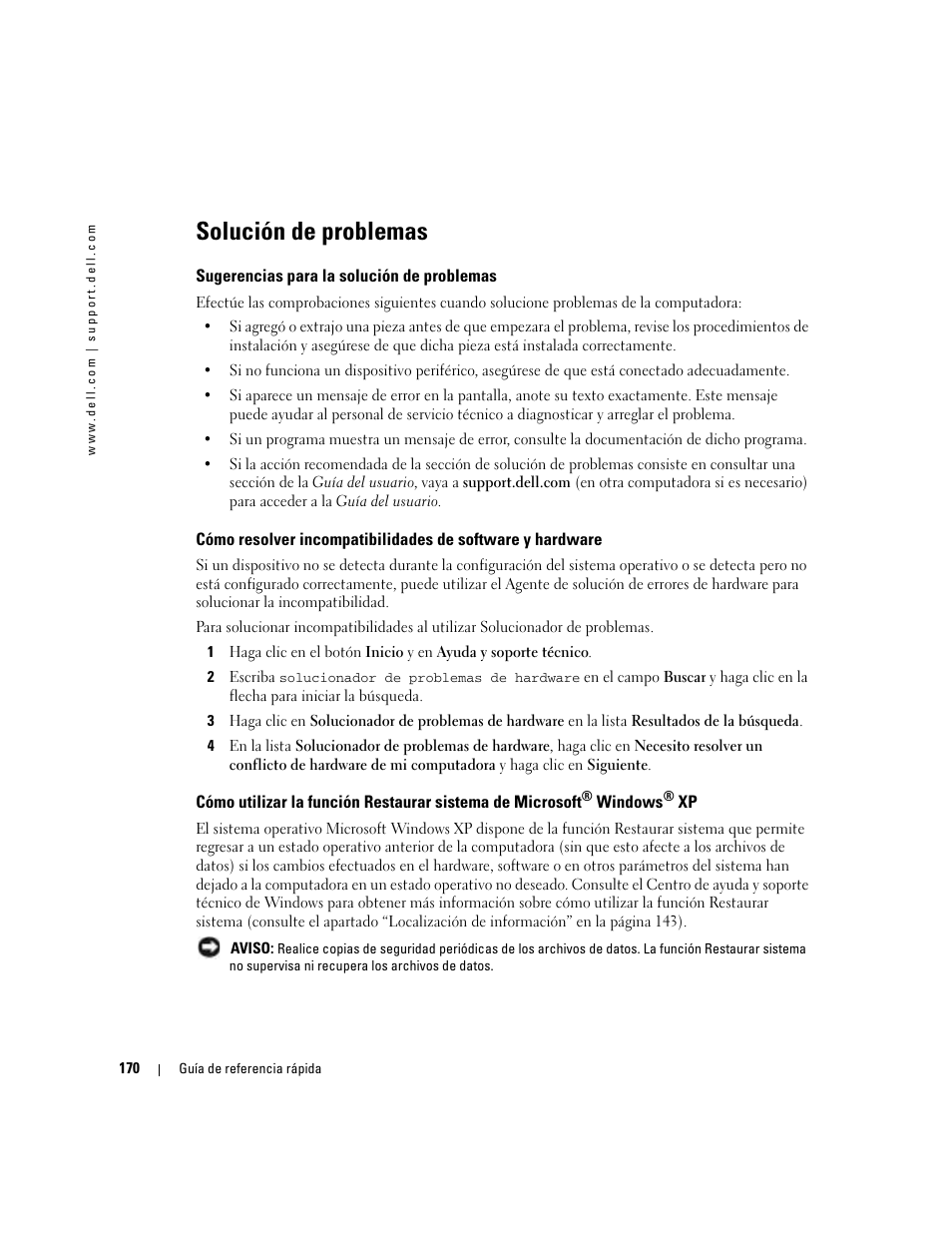 Solución de problemas, Sugerencias para la solución de problemas | Dell Precision 380 User Manual | Page 170 / 186