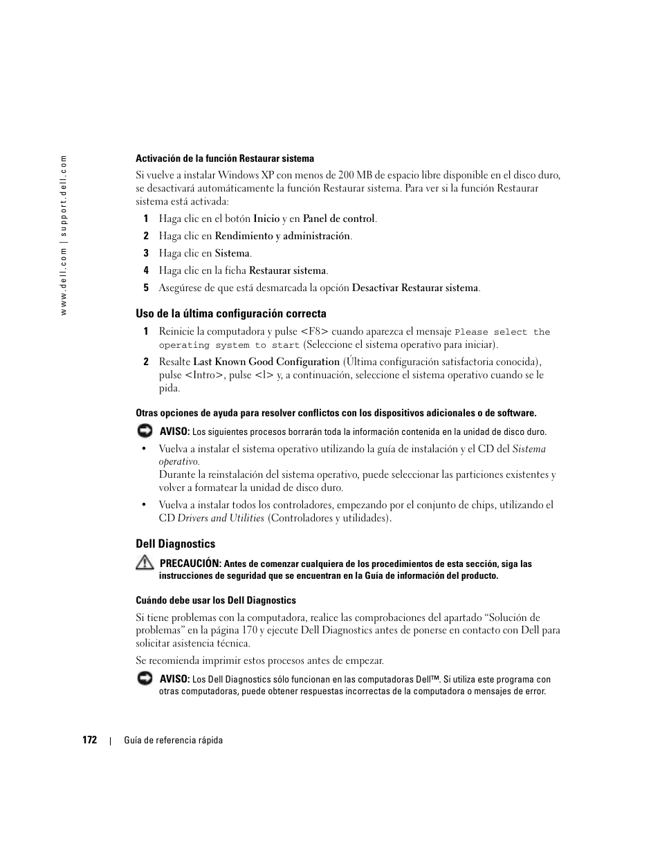 Uso de la última configuración correcta, Dell diagnostics | Dell Precision 380 User Manual | Page 172 / 186