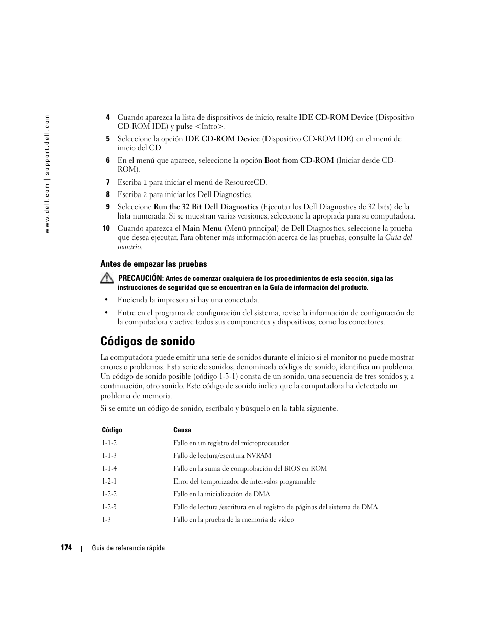 Antes de empezar las pruebas, Códigos de sonido | Dell Precision 380 User Manual | Page 174 / 186