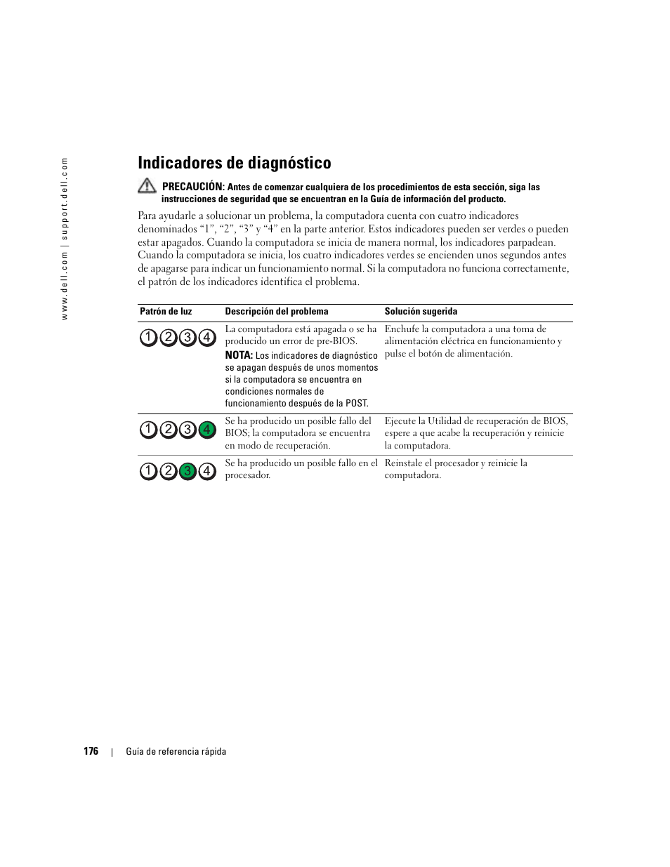 Indicadores de diagnóstico | Dell Precision 380 User Manual | Page 176 / 186