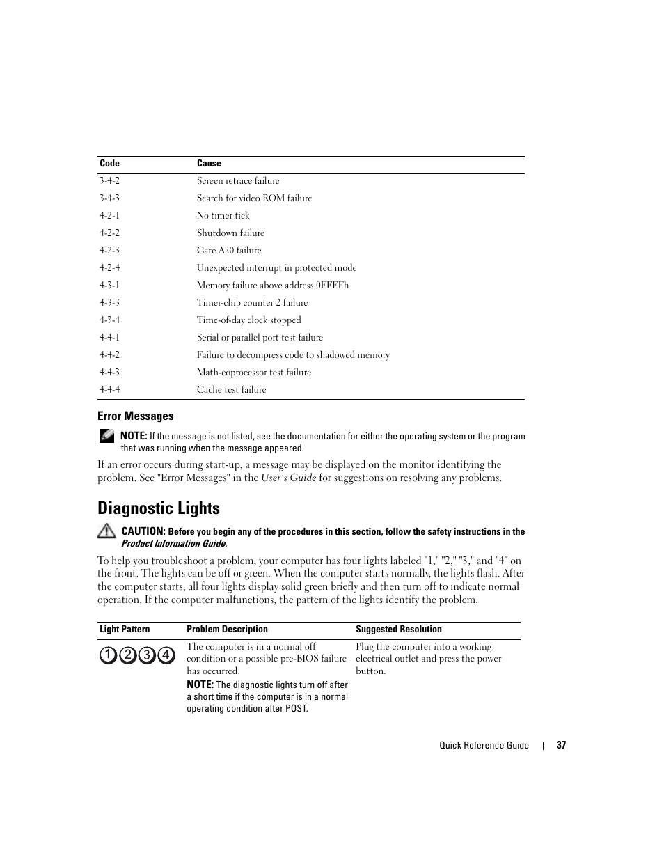 Error messages, Diagnostic lights | Dell Precision 380 User Manual | Page 37 / 186