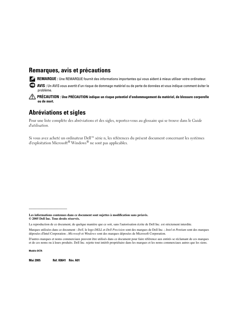 Remarques, avis et précautions, Abréviations et sigles | Dell Precision 380 User Manual | Page 48 / 186