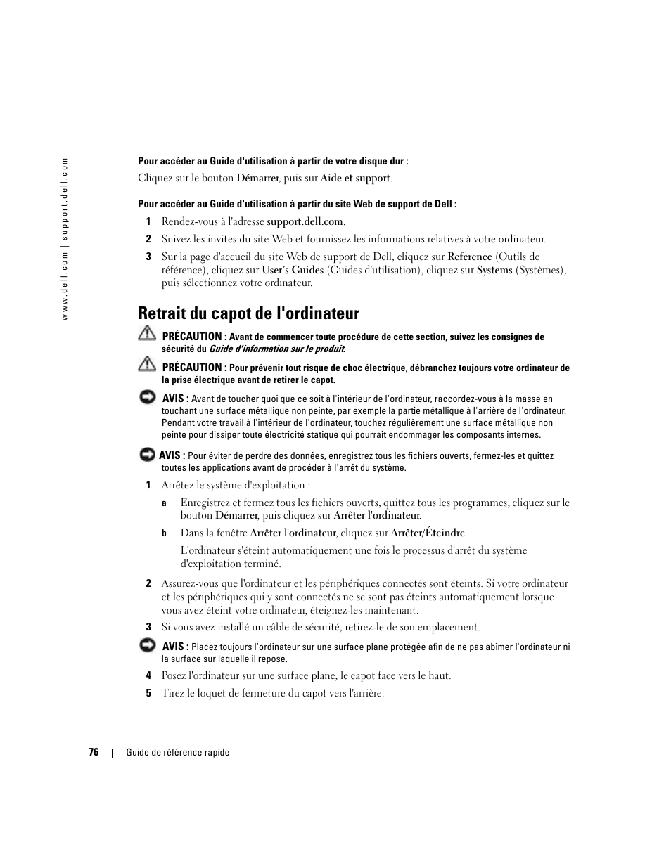 Retrait du capot de l'ordinateur | Dell Precision 380 User Manual | Page 76 / 186