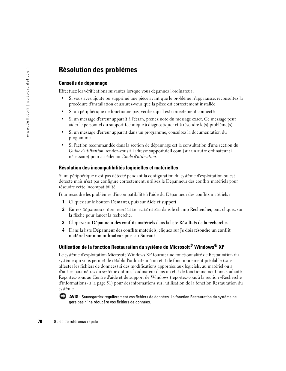 Résolution des problèmes, Conseils de dépannage | Dell Precision 380 User Manual | Page 78 / 186
