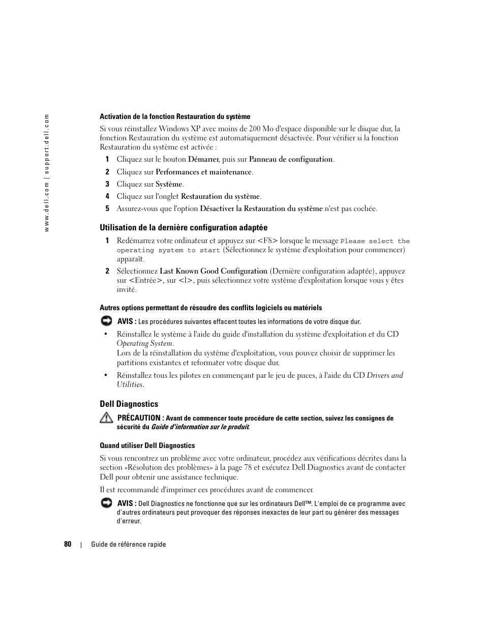 Utilisation de la dernière configuration adaptée, Dell diagnostics | Dell Precision 380 User Manual | Page 80 / 186