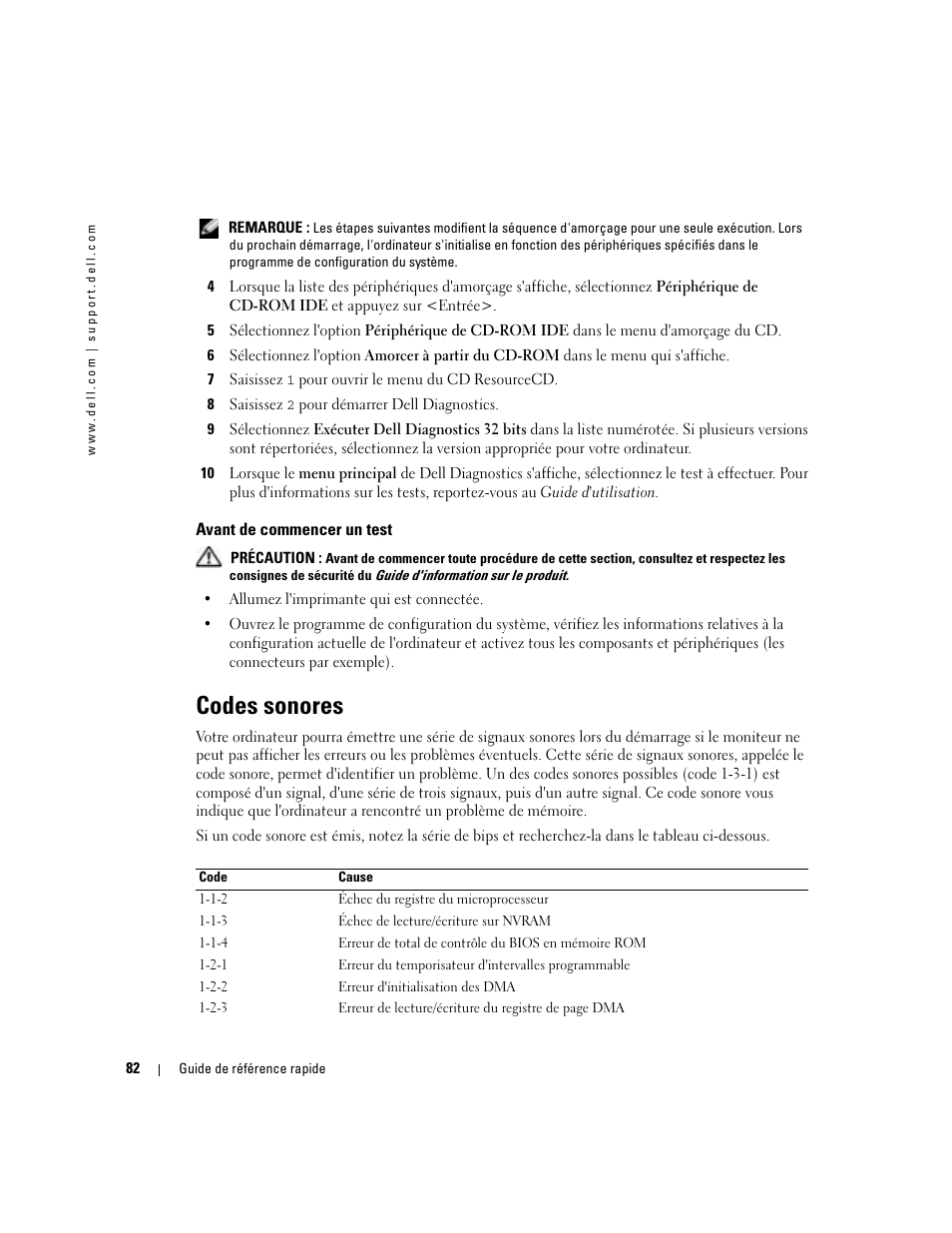 Avant de commencer un test, Codes sonores | Dell Precision 380 User Manual | Page 82 / 186