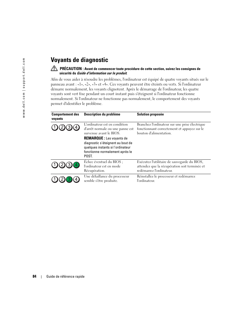 Voyants de diagnostic | Dell Precision 380 User Manual | Page 84 / 186