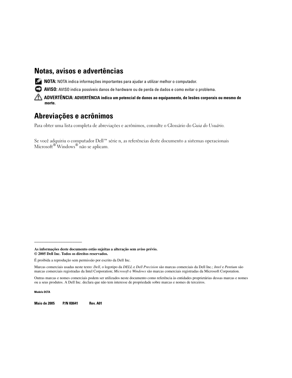Notas, avisos e advertências, Abreviações e acrônimos | Dell Precision 380 User Manual | Page 94 / 186