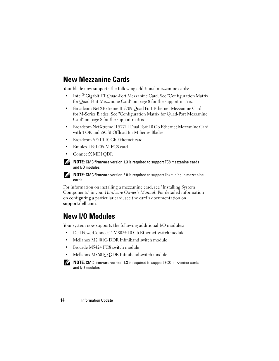 New mezzanine cards, New i/o modules | Dell PowerEdge M610x User Manual | Page 14 / 186