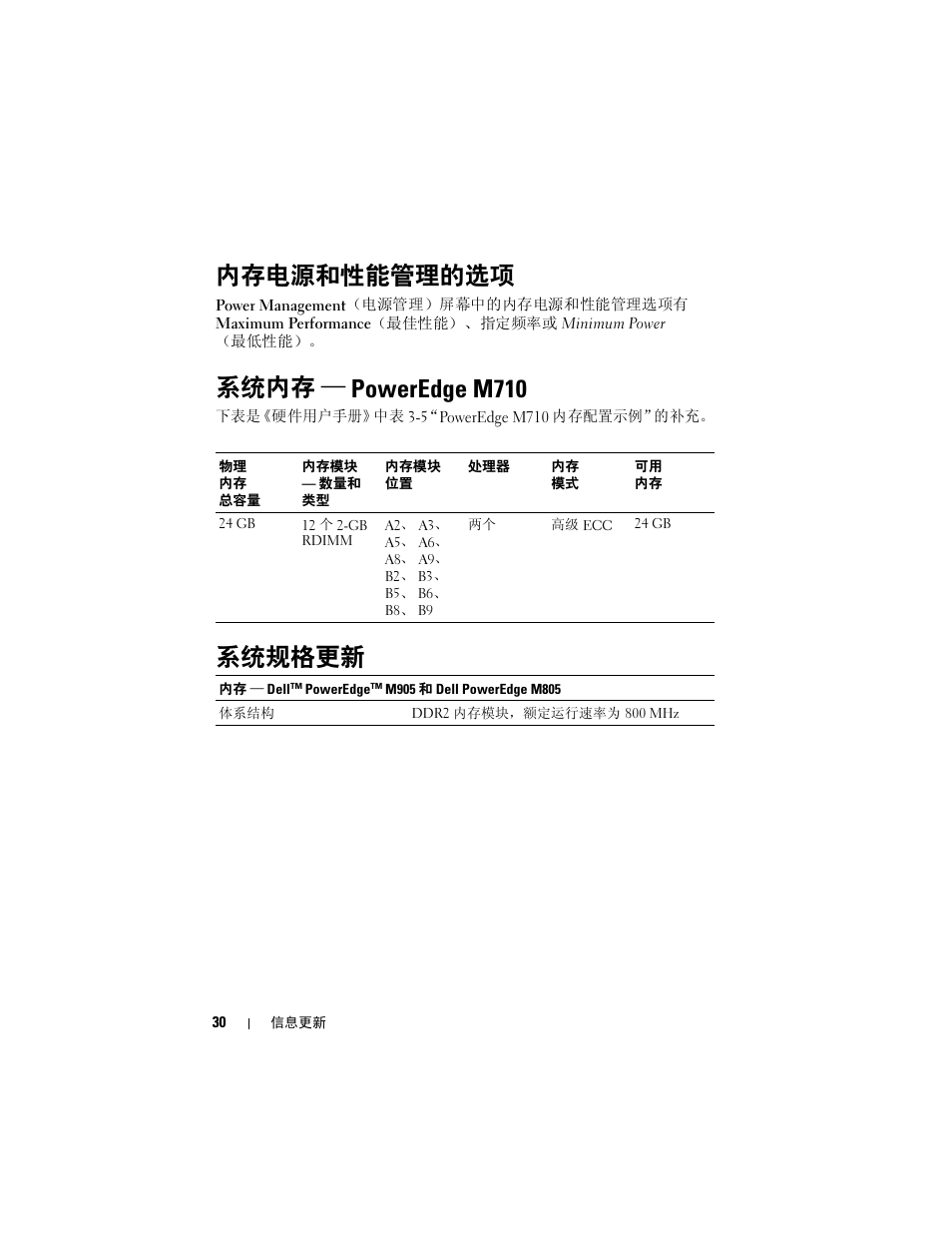 内存电源和性能管理的选项, 系统内存 ― poweredge m710, 系统规格更新 | 系统内存 — poweredge m710 | Dell PowerEdge M610x User Manual | Page 30 / 186