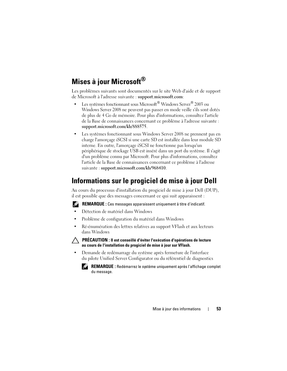 Mises à jour microsoft, Informations sur le progiciel de mise à jour dell | Dell PowerEdge M610x User Manual | Page 53 / 186