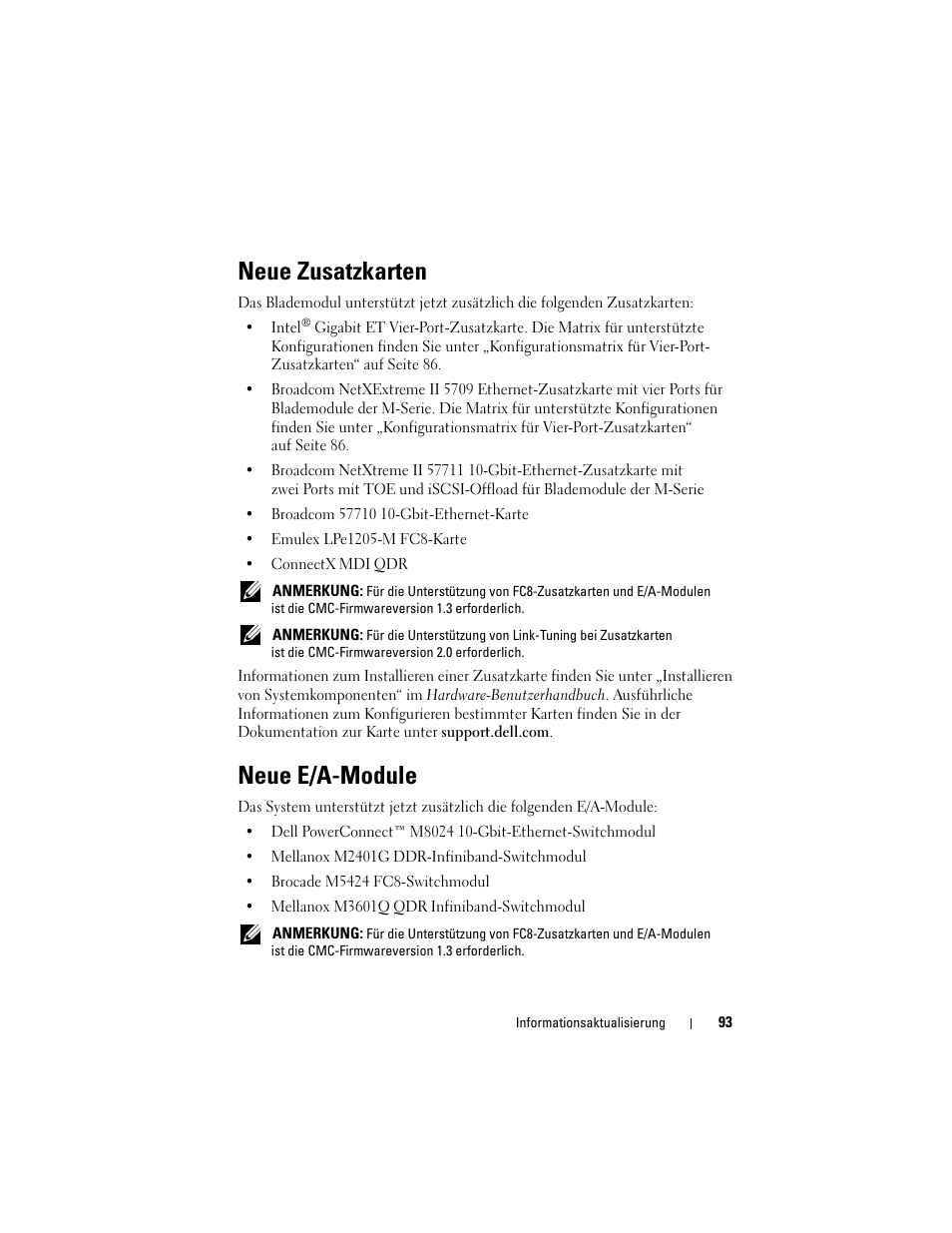 Neue zusatzkarten, Neue e/a-module | Dell PowerEdge M610x User Manual | Page 93 / 186