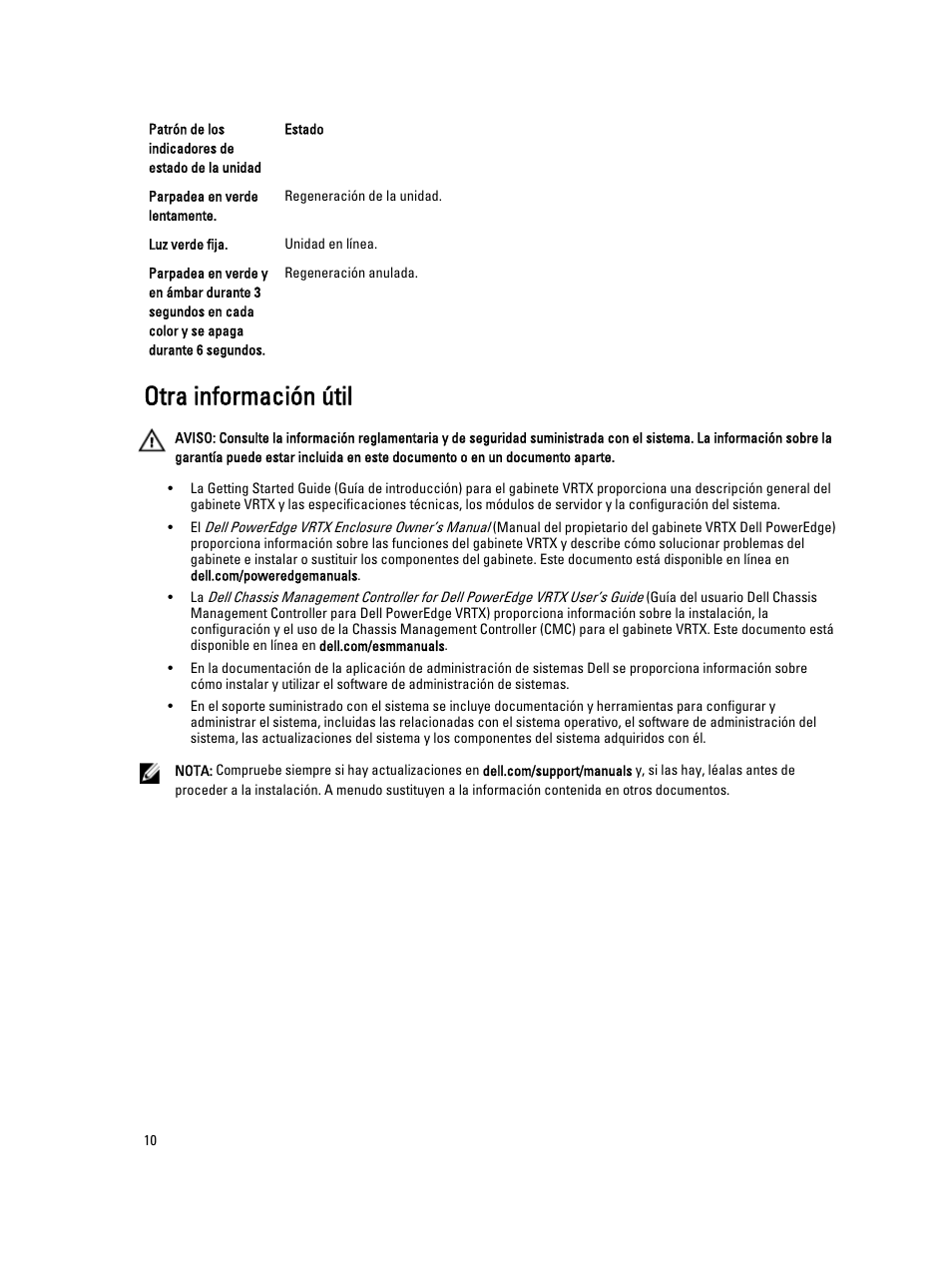 Otra información útil | Dell PowerEdge VRTX User Manual | Page 10 / 167