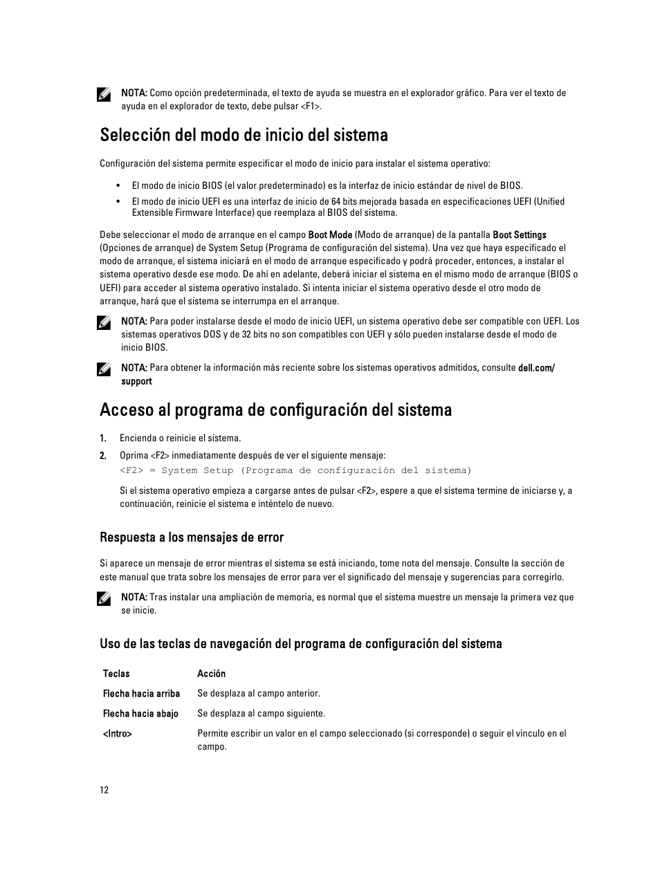 Selección del modo de inicio del sistema, Acceso al programa de configuración del sistema, Respuesta a los mensajes de error | Dell PowerEdge VRTX User Manual | Page 12 / 167