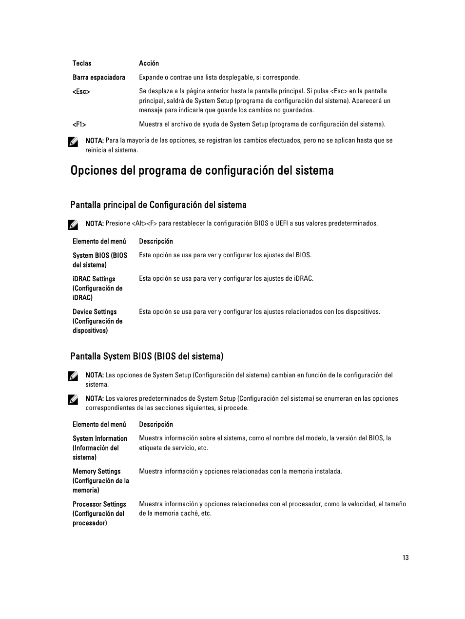 Opciones del programa de configuración del sistema, Pantalla principal de configuración del sistema, Pantalla system bios (bios del sistema) | Dell PowerEdge VRTX User Manual | Page 13 / 167